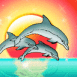 Trio de dauphins devant coucher de soleil