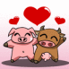 Cochon et vache amoureux avec coeurs